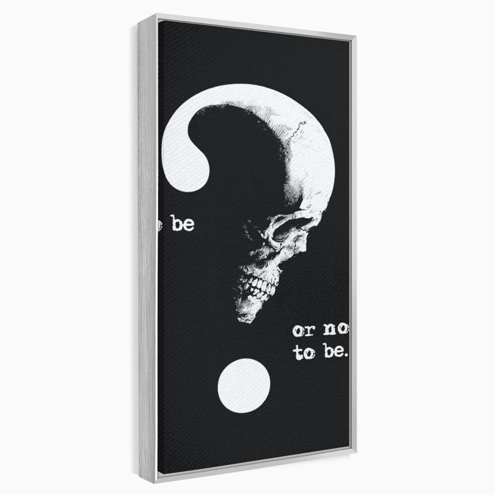 Tablou canvas cu tablou canvas cu craniu si semnul intrebarii, in rama de aluminiu argintiu